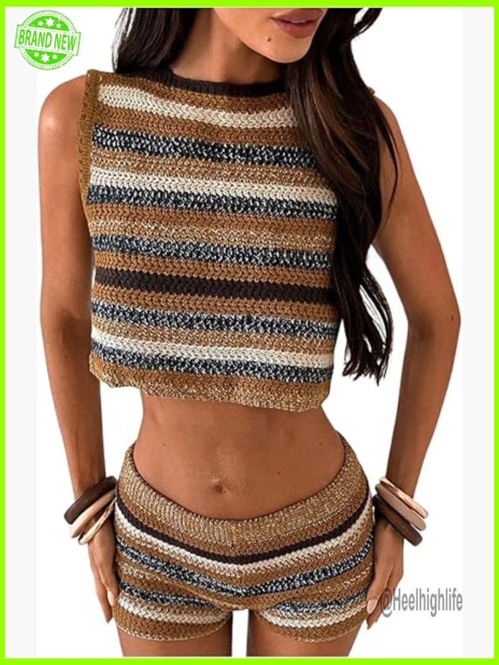 2 Piece Knit Crop Top & Micro Shorts Set, Beach Vacation Outfit